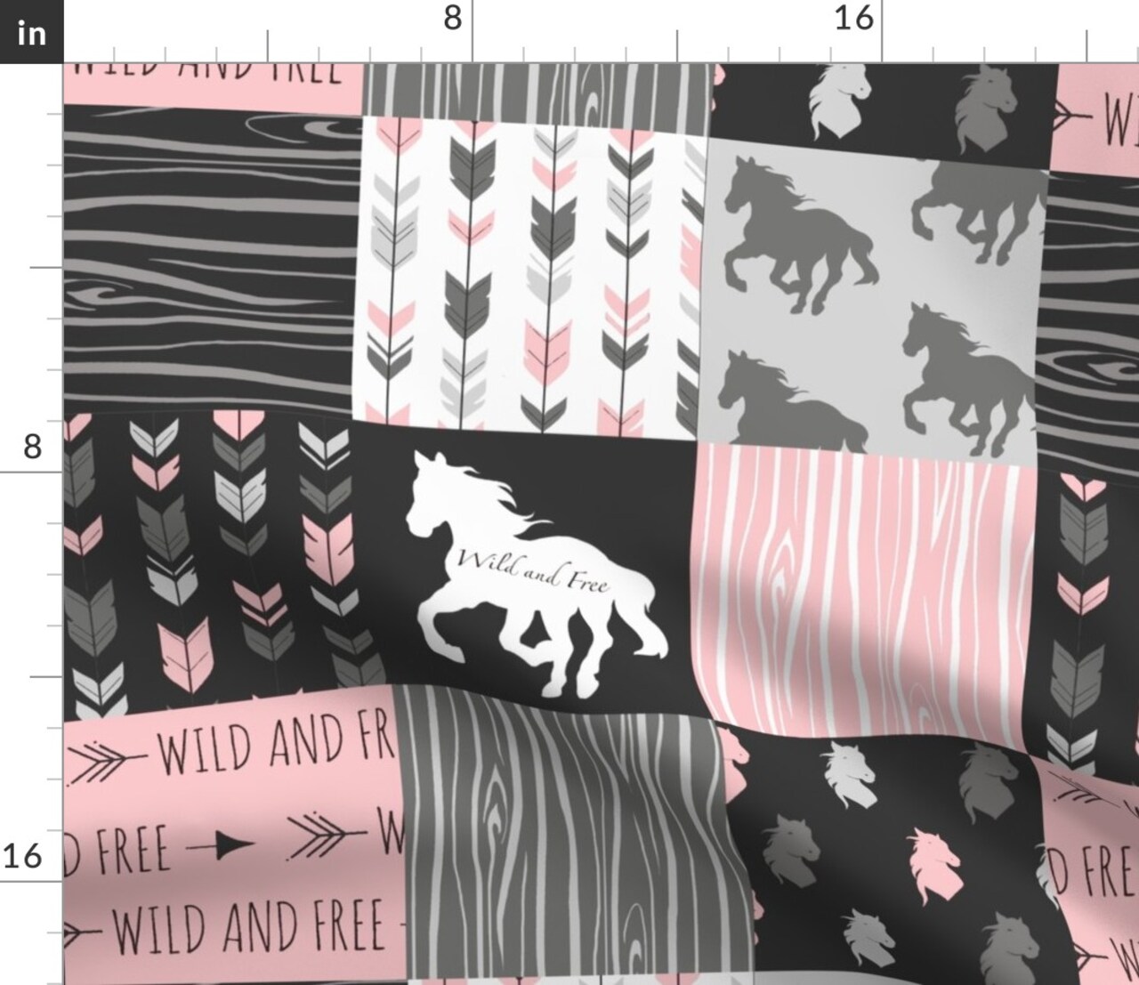 Horse Patchwork Pink Black Wild Free Horses Western Cowgirl Custom Printed Fabric by Spoonflower Various Fabrics by the Yard or Fat Quarter